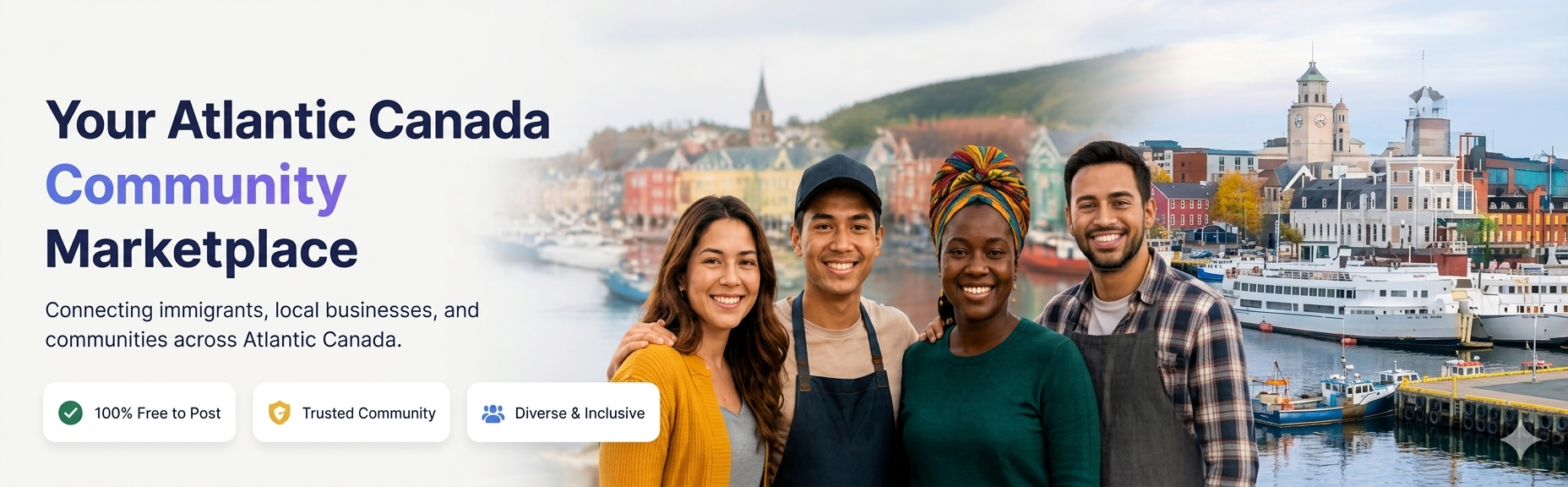 Four smiling people of diverse ethnic backgrounds in front of St. John's harbor on the banner